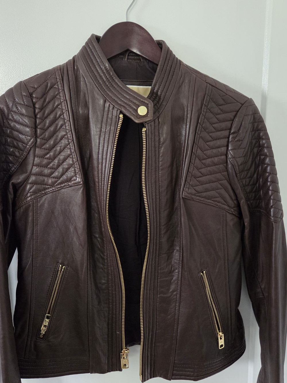 Michael Kors Quilted Panel Leather Moto Jacket - Deep Brown